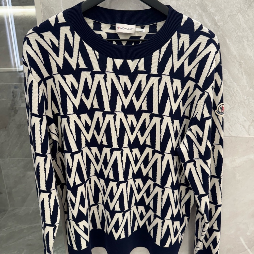 Moncler Blue and White Crew Neck Sweater with Geometric Pattern